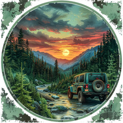 Wall Mural - A jeep is driving down a dirt road in the woods