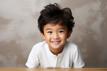 Wall Mural - A young boy with dark hair and a white shirt is smiling at the camera. The boy's smile is bright and cheerful, and he is enjoying the moment. Concept of happiness and warmth