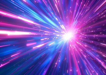 Wall Mural - a vibrant purple and blue light speed background with streaks of white and pink lines radiating outw
