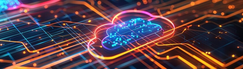 Wall Mural - Futuristic cloud computing with glowing neon lights and digital connections