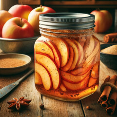 Poster - Home canning. A glass jar with thinly sliced ​​apple slices with apple syrup and cinnamon stands on a wooden table. Nearby are fresh apples, sugar in small plates, cinnamon sticks