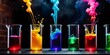 © disamirr - Explosive splashes of colorful liquids erupt from various glass beakers, showcasing the lively and creative side of chemistry and scientific exploration.