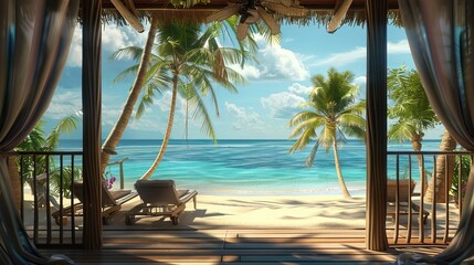 Wall Mural - Landscape of beach. Tropical panorama, luxury water bungalow villa resort. Luxury travel destination background for summer holiday and vacation concept. High quality AI generated image