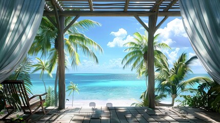 Landscape of beach. Tropical panorama, luxury water bungalow villa resort. Luxury travel destination background for summer holiday and vacation concept. High quality AI generated image