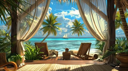 Wall Mural - Landscape of beach. Tropical panorama, luxury water bungalow villa resort. Luxury travel destination background for summer holiday and vacation concept. High quality AI generated image