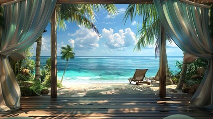 Wall Mural - Landscape of beach. Tropical panorama, luxury water bungalow villa resort. Luxury travel destination background for summer holiday and vacation concept. High quality AI generated image