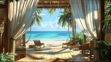 Wall Mural - Landscape of beach. Tropical panorama, luxury water bungalow villa resort. Luxury travel destination background for summer holiday and vacation concept. High quality AI generated image