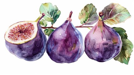 Canvas Print - Painting of Figs Watercolor Clipart of Summer Fruit Harvest Isolated on White Background