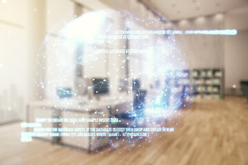 Wall Mural - abstract virtual coding concept and world map hologram on a modern furnished office background. mult