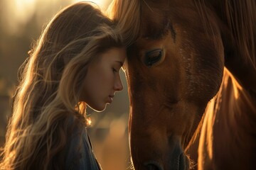 A woman standing elegantly next to a majestic brown horse, showcasing a strong bond between human and animal in a beautiful setting