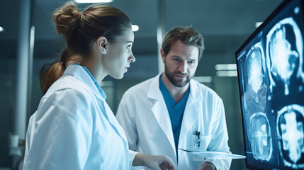 Wall Mural - Doctors looking x-ray of brain on a monitor screen