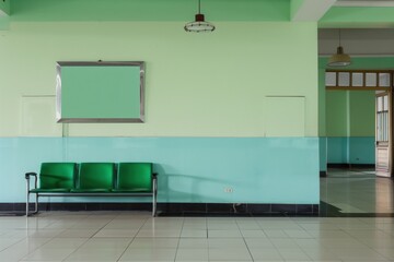 Poster - A green chair is sitting in front of a wall with a green and blue color, and an empty board