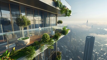 Wall Mural - high-altitude balcony garden on a skyscraper, with wind-resistant plants, sleek glass barriers, and a stunning view of the city below