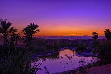 Wall Mural - A desert oasis at twilight, with a sky painted in hues of purple and orange