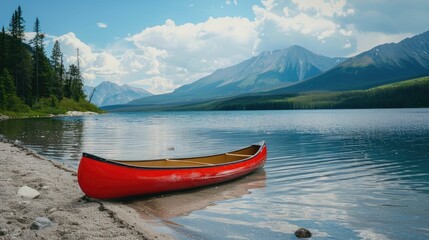 Wall Mural - A red canoe is docked on the shore of a picturesque lake with majestic mountains towering in the background, surrounded by a serene natural landscape under a cloudy sky AIG50