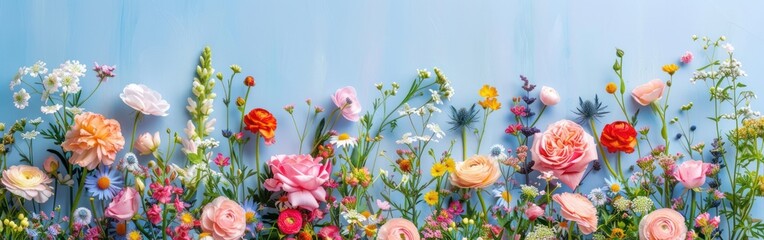 Wall Mural - Festive Spring Floral Composition on Pastel Background with Copy Space