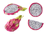 Set of dragon fruit isolated on transparent background. Variety of pitaya fruit slices for design.