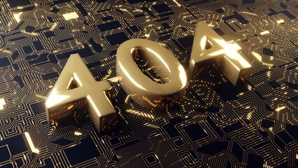 Golden 404 error text on a futuristic digital circuit background, symbolizing a server or network issue.