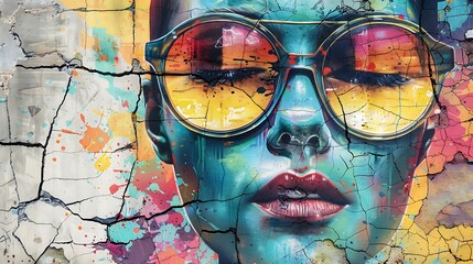 graffiti art of woman with glasses, colorful street mural on cracked wall, detailed texture, vibrant colors, in the style of street art.