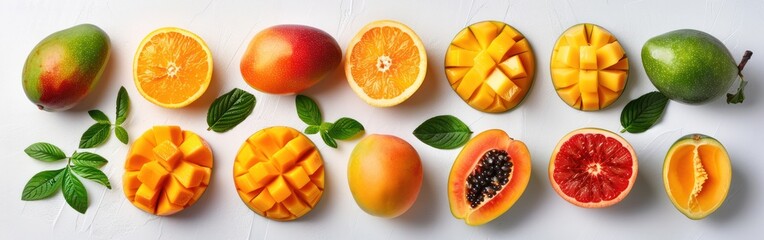 Wall Mural - Ripe Mango Harvest: Set of Fresh Mangoes and Slices Isolated on White Background