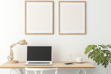 Aufkleber - minimalist image of two 3x2 wooden picture frames of the same size and dimensions hanging side by side on a white wall above a minimalist desk