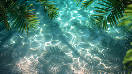 Wall Mural - a palm tree is in the water next to a pool. the water is clear and calm. the palm tree is green and 