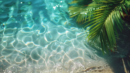 Wall Mural - a palm tree is in the water next to a pool. the water is clear and calm. the palm tree is green and 
