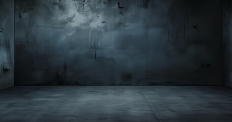 Fototapete - Dark blue room with rough walls and cement floor, template or background for product presentation