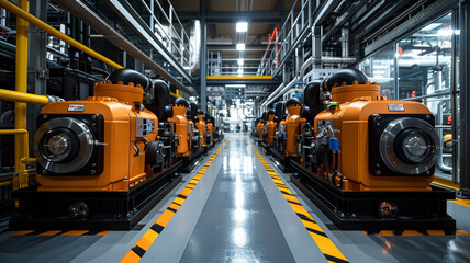 diesel generator, generator room with two generators in factory standby for power backup