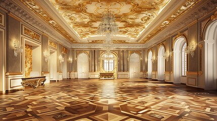 regal reception area with an intricate parquet floor design, a large gold leaf ceiling mural, and an