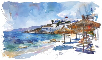 Wall Mural - elia beach mykonos Digital illustration, white background, watercolor style