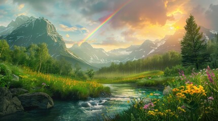 Wall Mural - Meadow Freshness in the Valley under Rainbow at Dawn