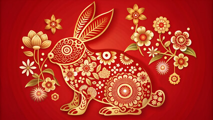 Wall Mural - Lunar oriental rabbits. New 2023 chinese year of rabbit floral bunny silhouette, paper cut zodiac symbol hare horoscope gong asian cai seasons culture ingenious vector illustration