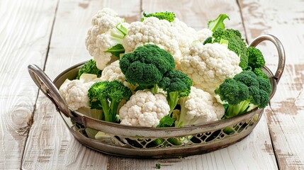 Fresh Cauliflower and Broccoli in a Vintage Bowl