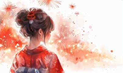 Poster - Cute girl in yukata watching fireworks. Digital illustration, white background