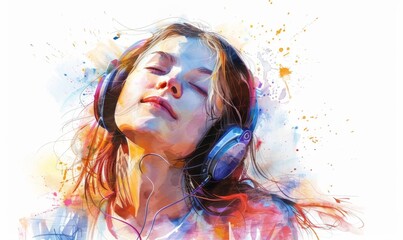 Wall Mural - Girl listening to music with headphones. Digital illustration, white background, watercolor style