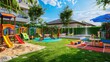 © Salman - vibrant play area on a backyard lawn, equipped with a colorful jungle gym, a sandbox, and a splash pad for children to enjoy outdoor fun in a safe environment