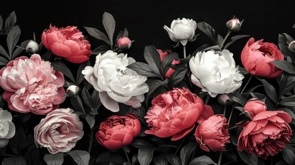 Wall Mural - Vintage Floral Banner with Pink Peonies & White Roses on Black Background for Cover or Header