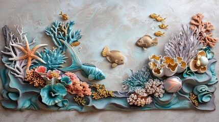 Wall Mural - Volumetric decorative stucco on a plastered wall, seabed, corals.