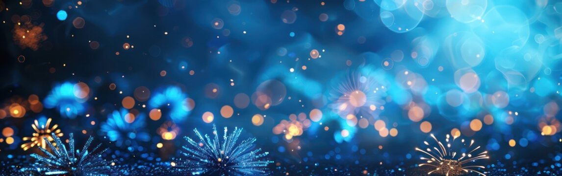 New Year's Eve Fireworks Celebration - Blue Holiday Background for Greeting Cards and Festive Parties with Stunning Pyrotechnics Display on Dark Night Sky