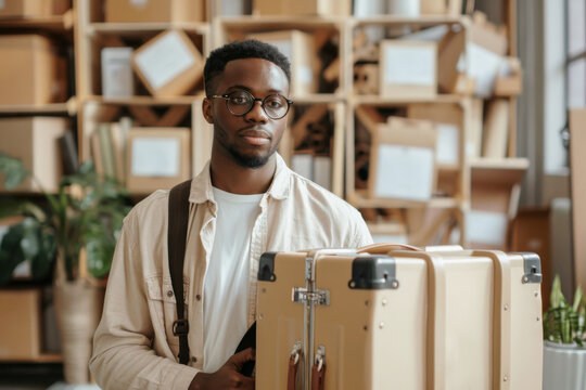 young graduate with a master's degree organizes his belongings for a move under a young professional