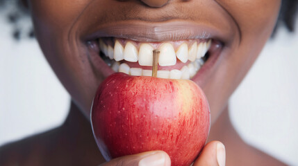 Wall Mural - Close up of a black female biting a sweet apple, symbolizing healthy eating and teeth care