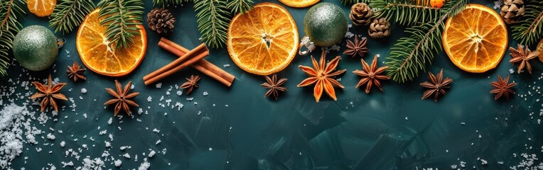 Wall Mural - Festive Christmas Border with Ornaments, Dried Orange Slices, Cinnamon Sticks, and Pine Branches on Green Table - Top View