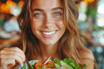 Wall Mural - Beautiful young woman savoring a green salad, symbolizing health and nutrition