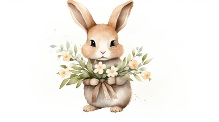 Wall Mural - white rabbit with flower
