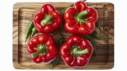 Wall Mural - Four Red Bell Peppers on a Wooden Tray