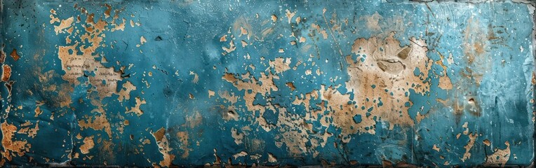 Wall Mural - Vintage Geometric Print on Worn Blue Concrete Wall - Abstract Retro Texture Background Banner Panorama