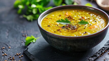 Spicy Yellow Lentil Soup with Greens and Herbs