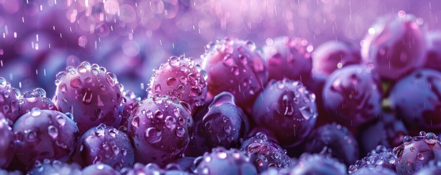 Close-up of fresh purple grapes with water droplets on a vibrant background
