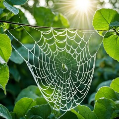wet spider web in a forest